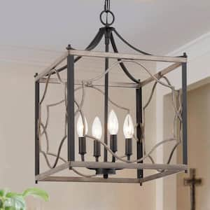 Modern Farmhouse Brushed Silver 4-Light Candlestick Chandelier with Faux Wood Cage Shade Brown Island Pendant Lantern