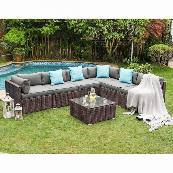 7-Piece Steel Brown Rattan Wicker Outdoor Patio Conversation Sectional Sofa Set with Dark Gray Cushions and Pillows