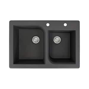Radius Drop-in Granite 33 in. 2-Hole 1-3/4 Offset Double Bowl Kitchen Sink in Black