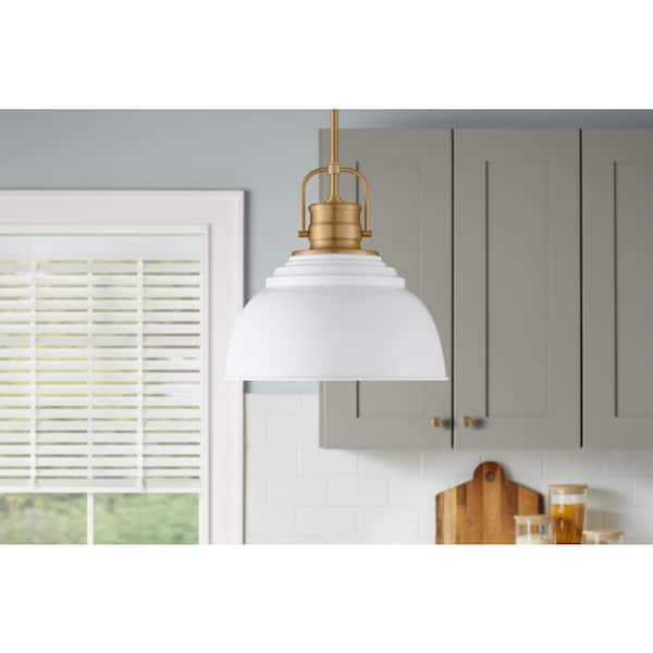 Home Decorators Collection Shelston 13 in. 1-Light White and Brass Farmhouse Pendant Light Fixture with Metal Shade