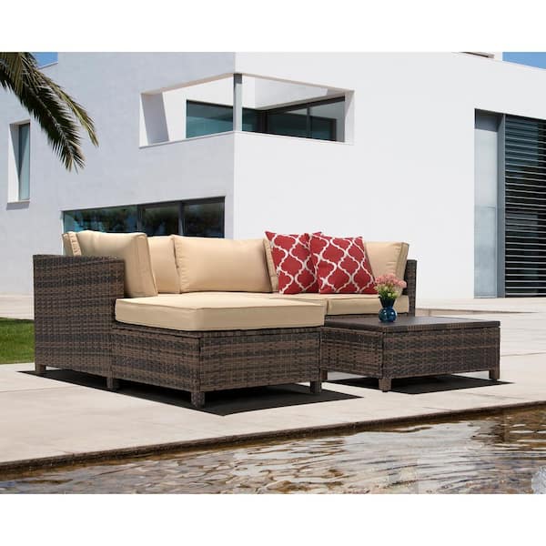 Edyo Living 3 Piece Wicker Patio Sectional Seating Set With Beige Cushions Cy1904 Bg The Home Depot Edyo Living 3 Piece Wicker Patio, For Living 3 Piece Wicker Patio Sectional Set With Cushions