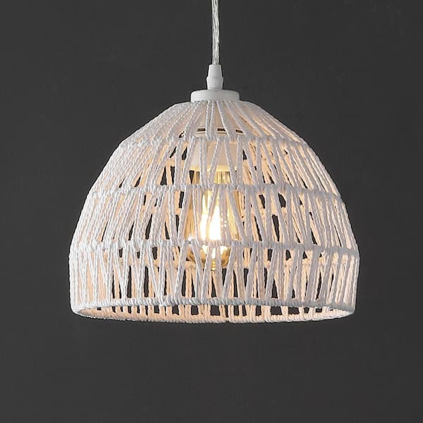 JONATHAN Y Campana 10.25 in. 1-Light Bohemian Modern Woven Rope/Iron LED Pendant Light, White