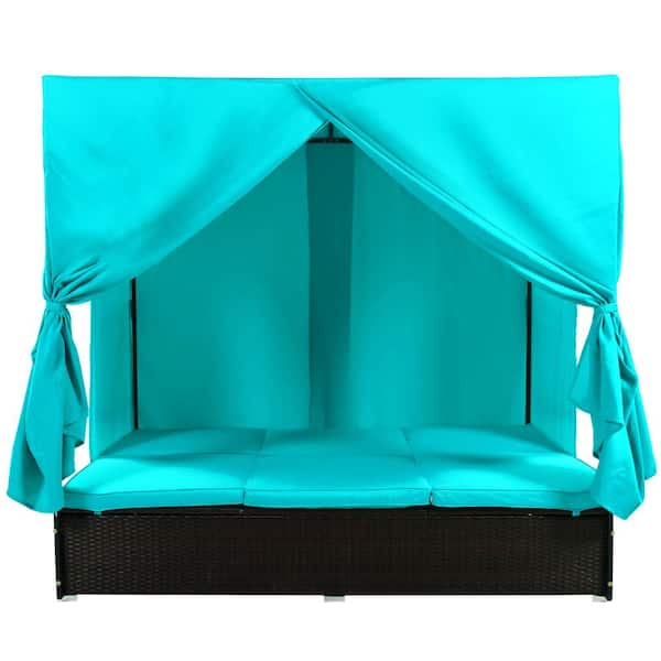 JimsMaison Black Wicker Outdoor Day Bed with Blue Cushions and Adjustable Seats