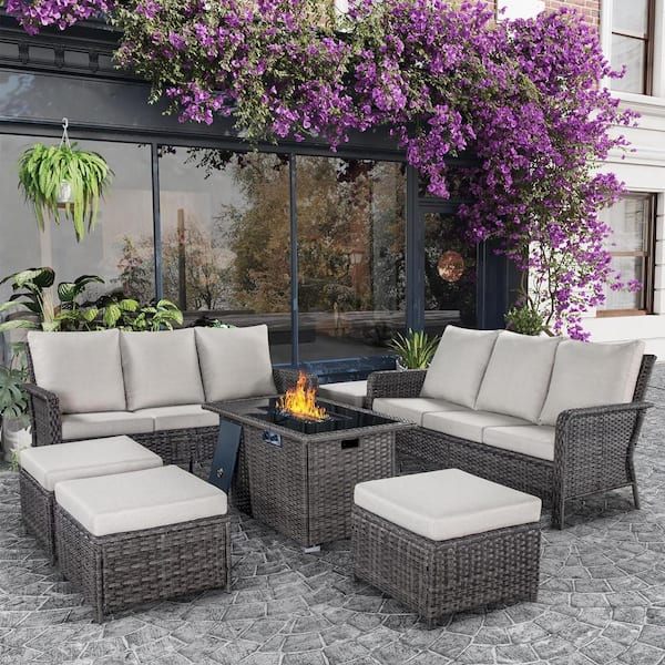 Brafab 7-Piece Wicker Patio Rectangle Fire Pit Conversation Set with Cushions