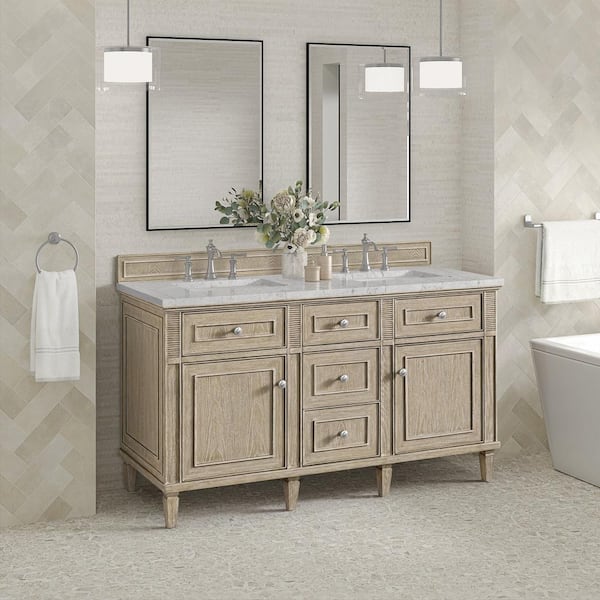 James Martin Vanities Lorelai 60.0 in. W x 23.5 in. D x 34.06 in. H Double Bathroom Vanity in Whitewashed Oak with Pearl Quartz Top