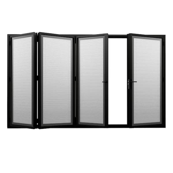 120 in. x 80 in. Left Swing/Outswing Double Tempered Glass Black Louver Aluminum Folding Patio Door