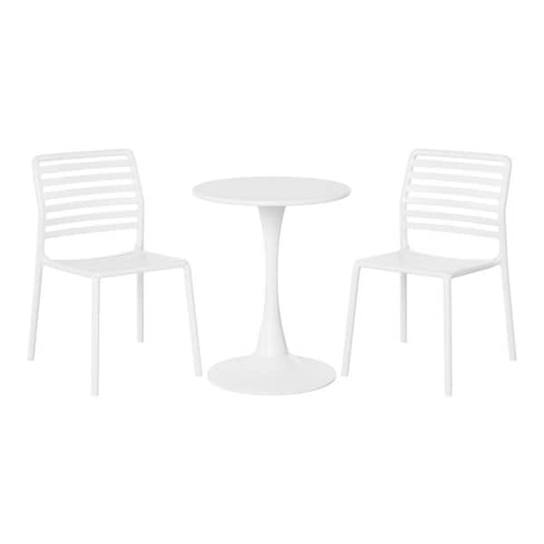 Frond and Form Outdoor Patio Modern 3-Piece Round HDPE Plastic Bistro Dining Set With Stackable Chairs, White