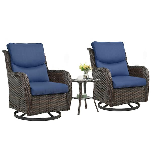 Crescent Moon Brown 3-Piece Wicker Patio Conversation Deep Seating Set with Blue Cushions
