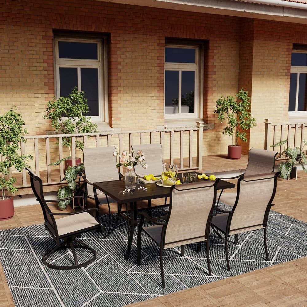 Brown 7-Piece Iron Patio Dining Set with Textilene Chairs