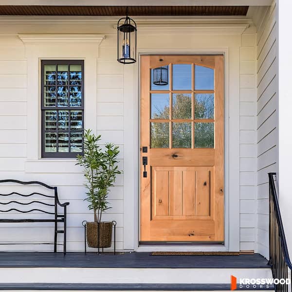 DIY 32 in. x 80 in. Arch Top Right-Handed Clear Glass Clear Stain Knotty Alder Wood Front Door Kit w/Quick Assemble Jamb