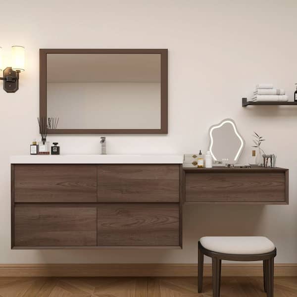 Kingdee 77 in. W x 20 in. D x 26 in. H Single Sink  and Side Table Counter Bath Vanity in Red Oak with White Acrylic Top