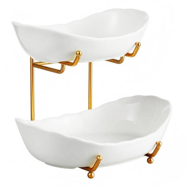 2-Tier Ceramic Fruit Bowl Set, 3-Piece No Installation BPA-Free Tiered Bowls with Kitchen Counter and Party Table Use