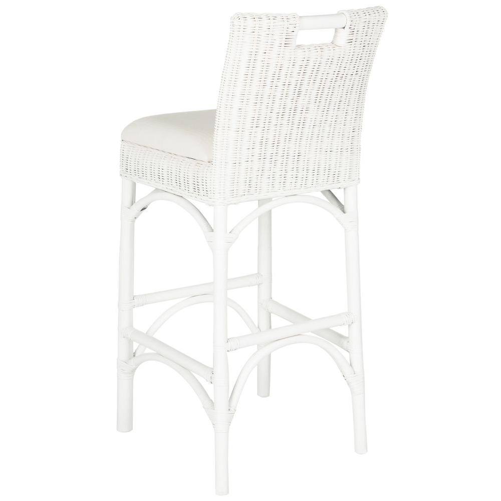 Transitional White Rattan Bar Stool with Comfy Cushion