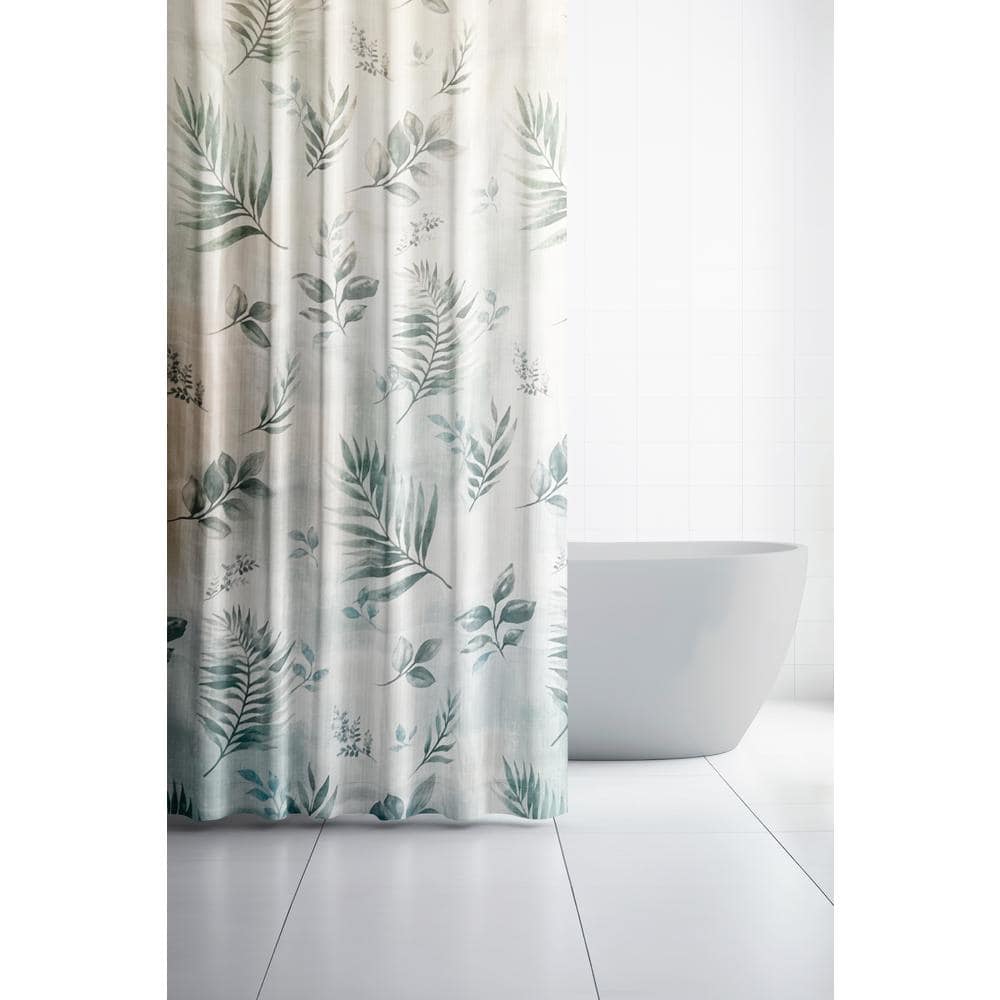 Tall Light Turquoise Sage Leaf Fabric Shower Curtain