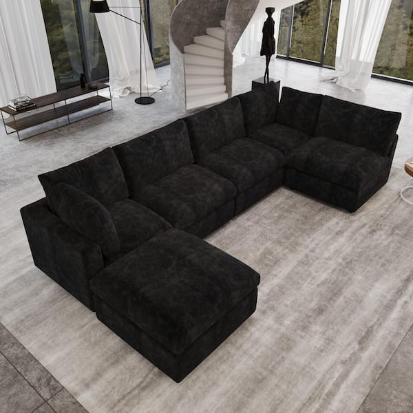 134 in. Square Arm Chenille 6-Piece Modular Free Combination Convertible Sectional Sofa with Movable Covers in Black