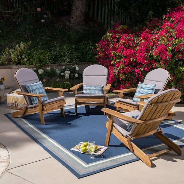 Noble House Malibu Natural Wood Adirondack Chair with Grey Cushion (4-Pack)