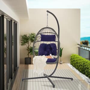 Outdoor Patio Dark Grey Rattan Egg Swing Chair Hanging Chair with Dark Blue Cushion