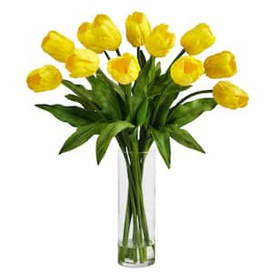 23 in. Yellow Artificial Tulip Floral Arrangement with Cylinder Glass Vase