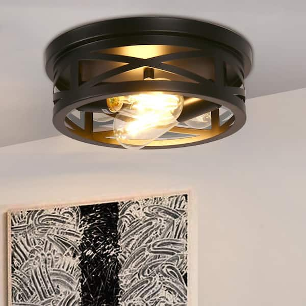 Modern Farmhouse 3-Light Black Flush Mount Light Foyer Drum Ceiling Light  with Clear Seeded Glass Shade and Cage Frame