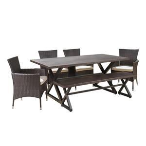 Owen Multi-Brown 6-Piece Faux Rattan and Metal Outdoor Patio Dining Set with Beige Cushions