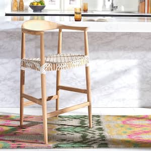 Bandelier 27.16 in. Natural/White Wood Frame Counter Stool with Leather Seat