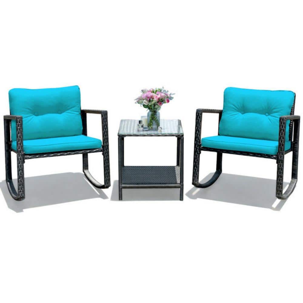 Blue Cushioned Wicker Rocking Chair Set with Glass Table