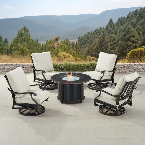 Oakland Living Black 5-Piece Aluminum Patio Fire Table Set with Light Grey Cushions