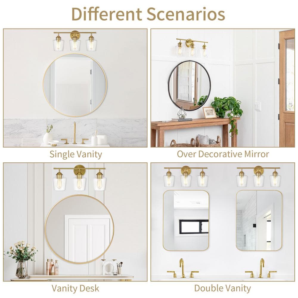 Antique Brass 3-Light Dimmable Bathroom Vanity Light with Clear Glass Shades