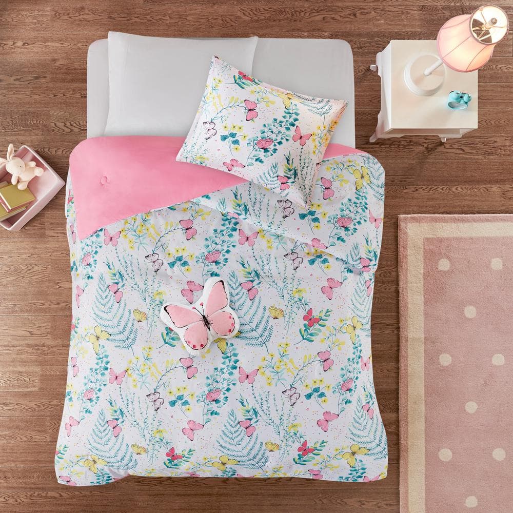 Twin Pink Microfiber Butterfly Comforter Set with Decorative Pillow