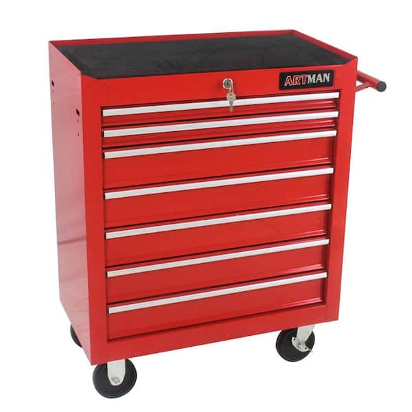 12.9 in. W 7 Drawer Rolling Metal Red Tool Cabinet with Lock, 4 Wheels Tool Carts with Workbench and Push Rod