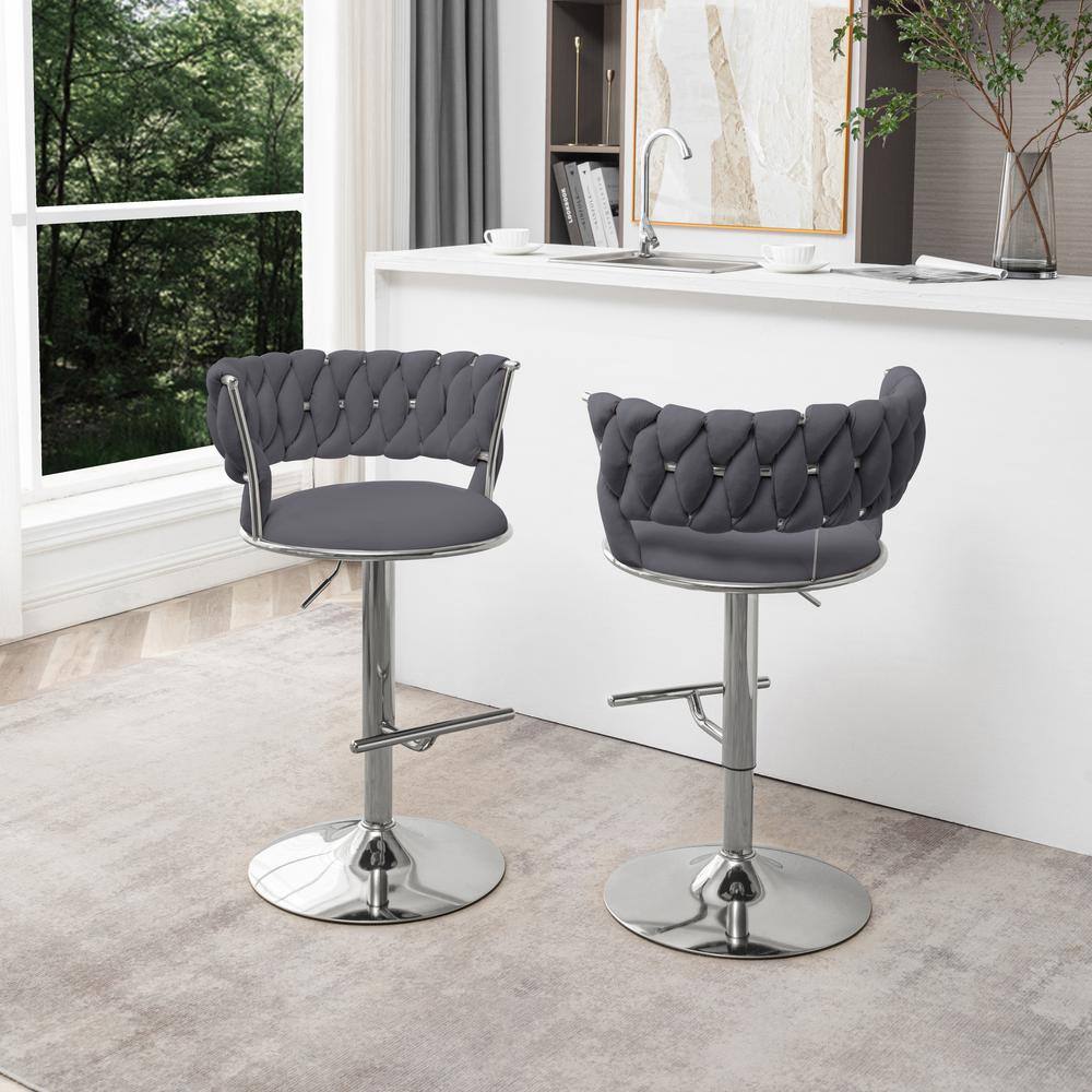 Adjustable Dark Gray Velvet Swivel Bar Stools with Chrome Base