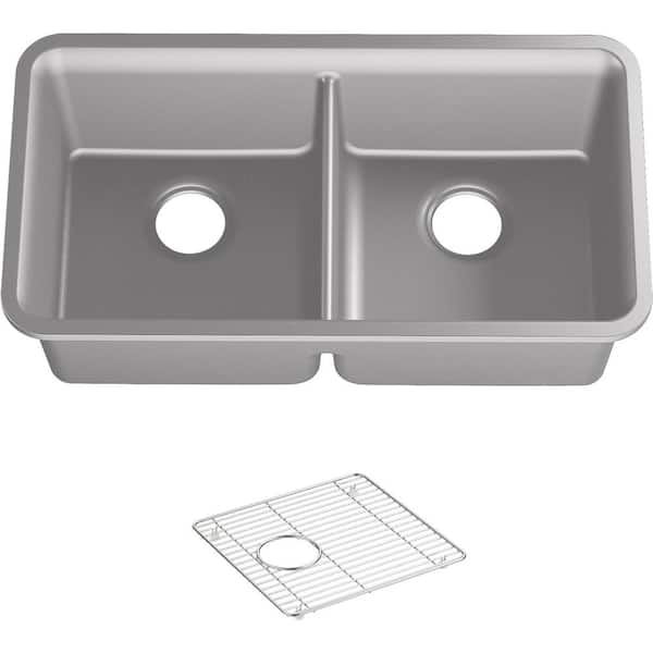 KOHLER Cairn Undermount Neoroc Granite Composite 33.5 in. Double Bowl Kitchen Sink Kit in Matte Grey