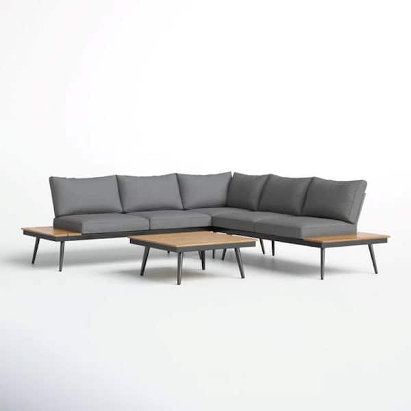 Composite Outdoor Sectional Set with Gray Cushions, Patio Conversation Set for Backyard, Garden