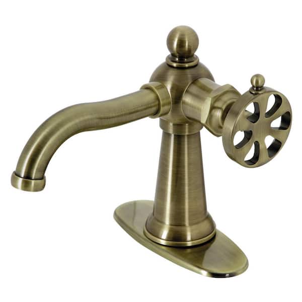 Kingston Brass Belknap Single-Handle Single Hole Bathroom Faucet with Push Pop-Up and Deck Plate in Antique Brass