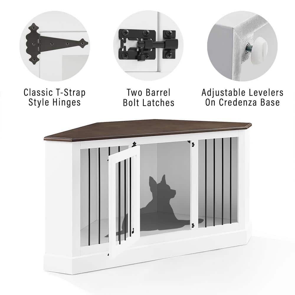 Small White Wood and Steel Corner Dog Crate Credenza