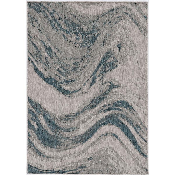 Isla Gray/Teal 8 ft. x 10 ft. Transitional Watercolor Indoor/Outdoor Area Rug