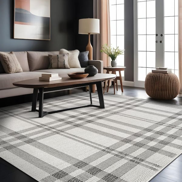 Beverly Rug Coastal Gray/Beige 8 ft. x 10 ft. Plaid Washable Easy