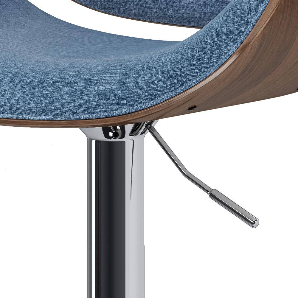 Blue Linen Adjustable Swivel Bar Stool with Wood Accents