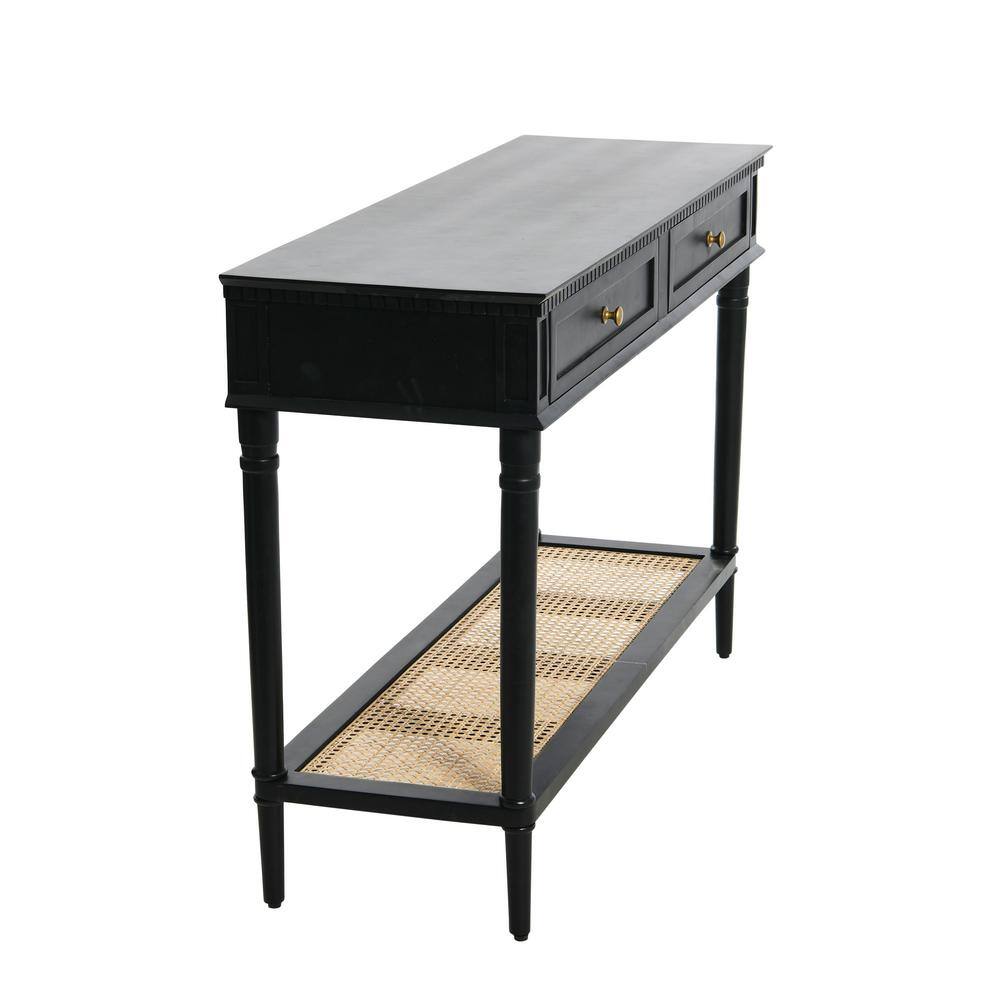 Black Acacia Wood Console Table with Cane Shelf and Storage