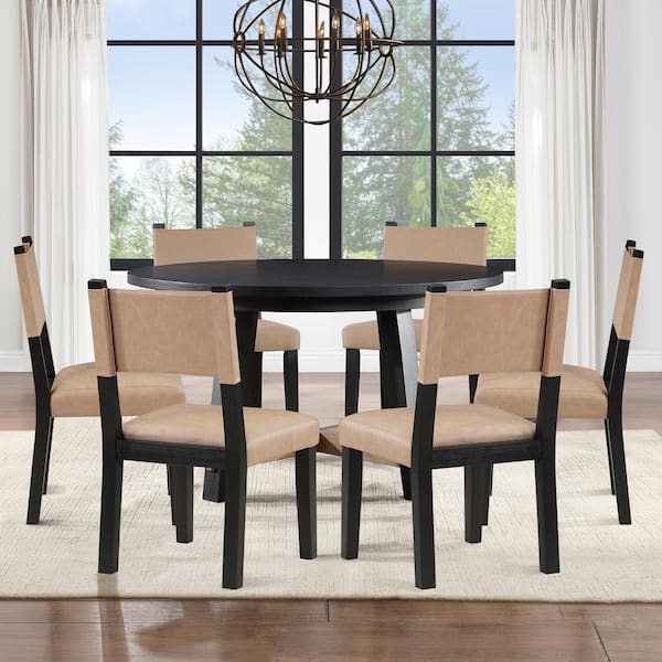 Steve Silver Aubrey 7-Piece 54 in. Round Black Wood Dining Room Set with 6-Brown Side Chairs