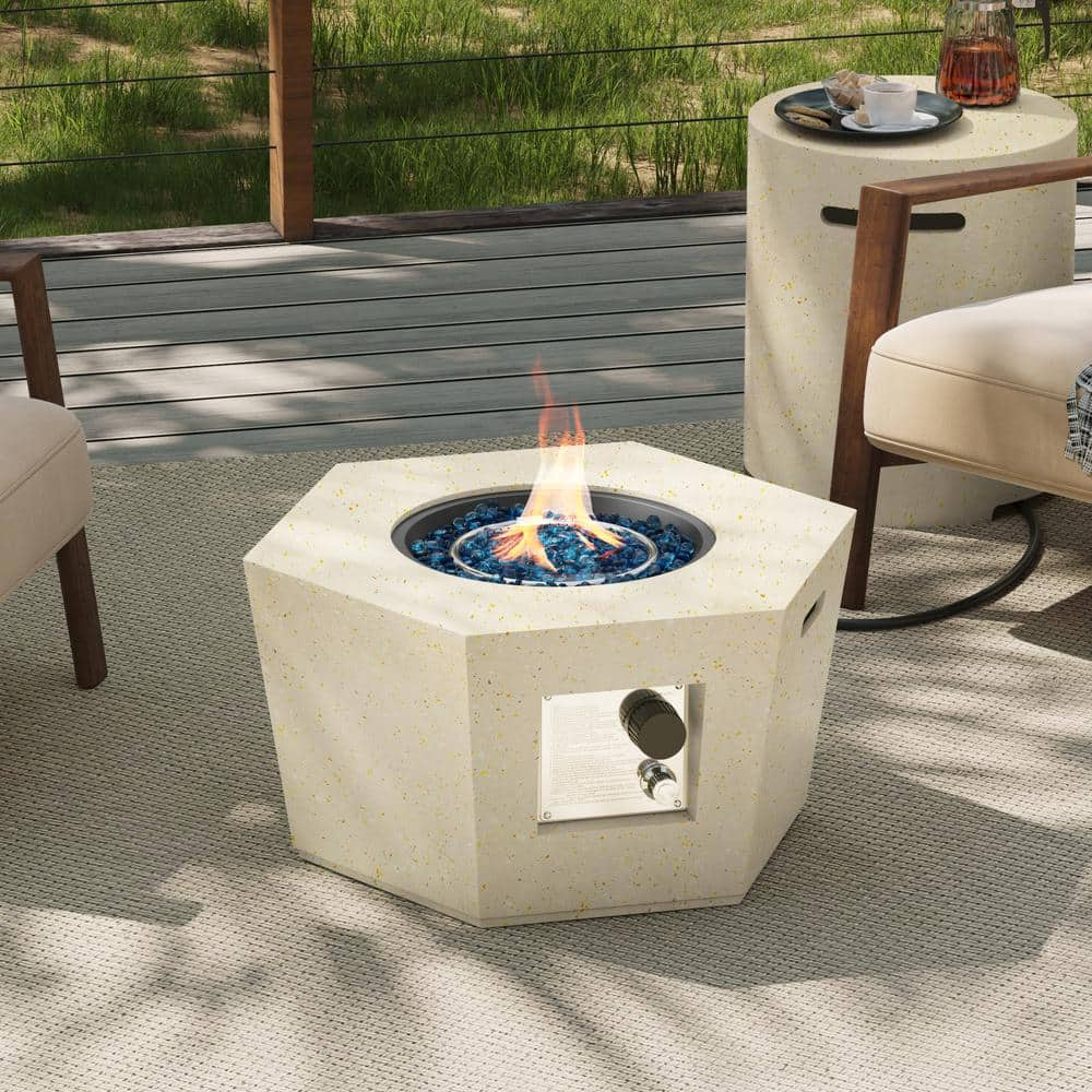 28 in. 40,000 BTU Beige Hexagon Geometric Terrazzo Outdoor Propane Gas Fire Pit Table with Propane Tank Cover -  UPHA, 28SMS-6BX-MH