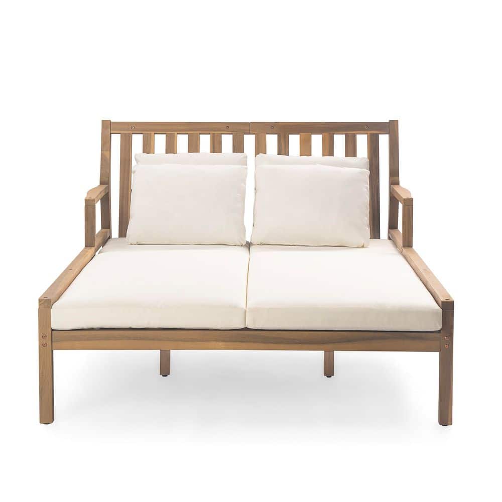 Light Teak Wood Outdoor Day Bed with Beige Cushions, Curved Armrests for Po