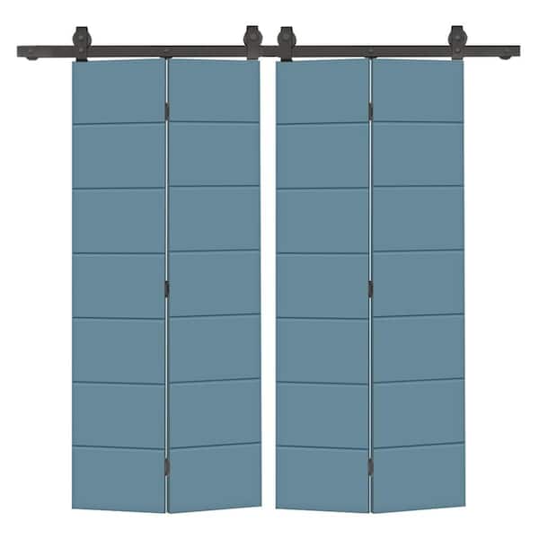 40 in. x 80 in. Dignity Blue Painted MDF Composite Modern Bi-Fold Hollow Core Double Barn Door with Sliding Hardware Kit