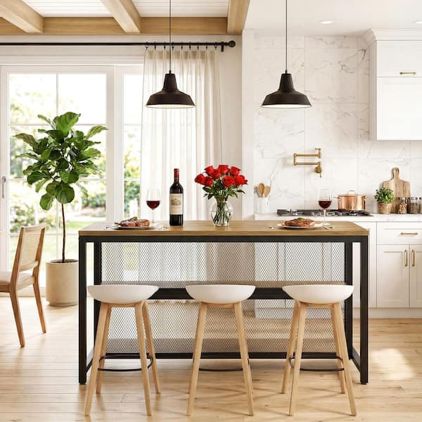 BYBLIGHT Brown Wood 62.99 in. Kitchen Island with 2-Tier Storage