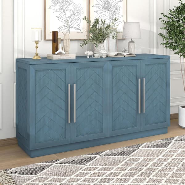 60.00 in. W x 16.00 in. D x 32.00 in. H Antique Blue Linen Cabinet Sideboard with 4-Doors and Adjustable Shelves