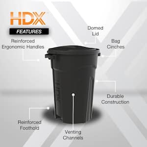 32 Gal. Black Outdoor Vented Trash Can with Domed Lid, Rounded Handles, and Reinforced Foothold