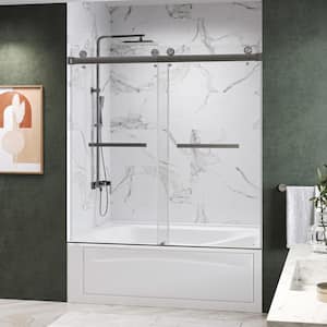 KWCAT 60 in. W x 72 in. H Double Sliding Frameless Tub Door in Brushed Nickel with 3/8 in. Clear Glass