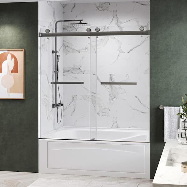 KWCAT 60 in. W x 72 in. H Double Sliding Frameless Tub Door in Brushed Nickel with 3/8 in. Clear Glass