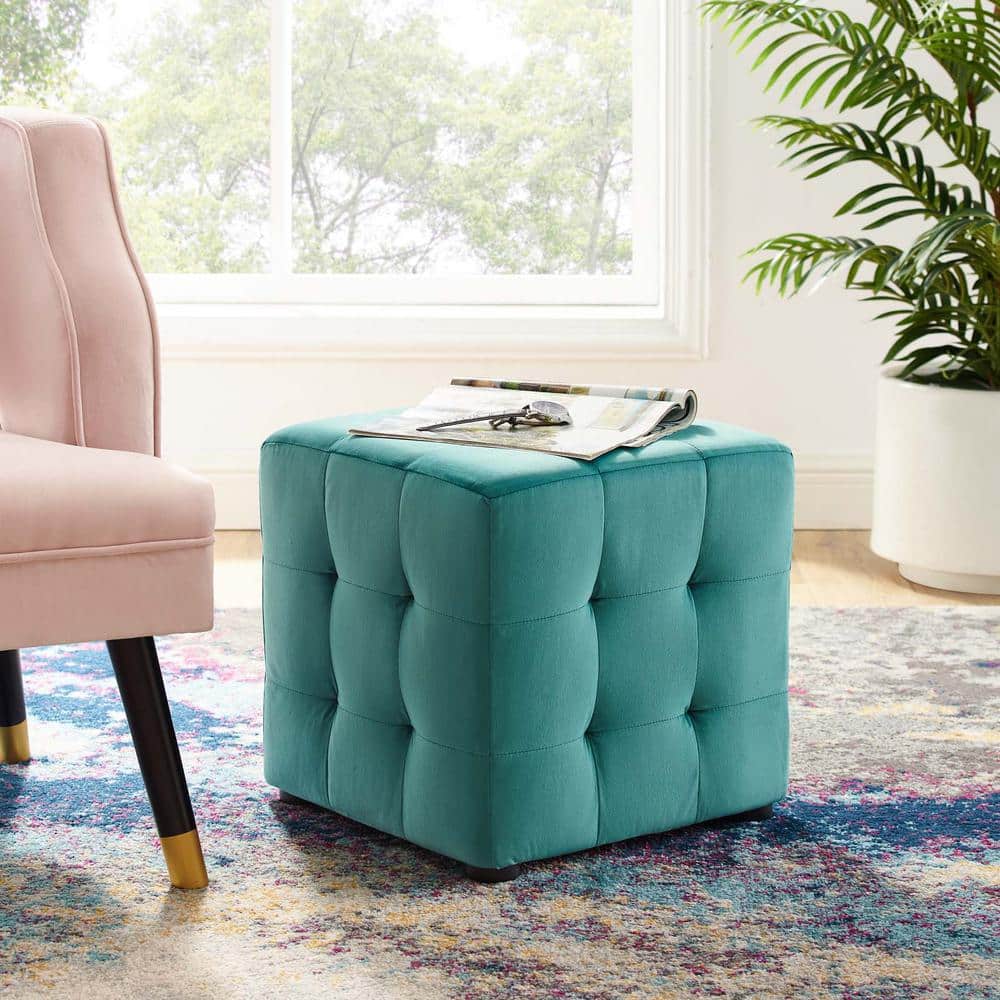 MODWAY Contour Teal Tufted Button Cube Performance Velvet Ottoman 