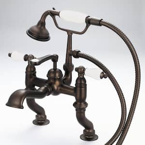 3-Handle Claw Foot Tub Faucet with Labeled Porcelain Lever Handles and Handshower in Oil Rubbed Bronze